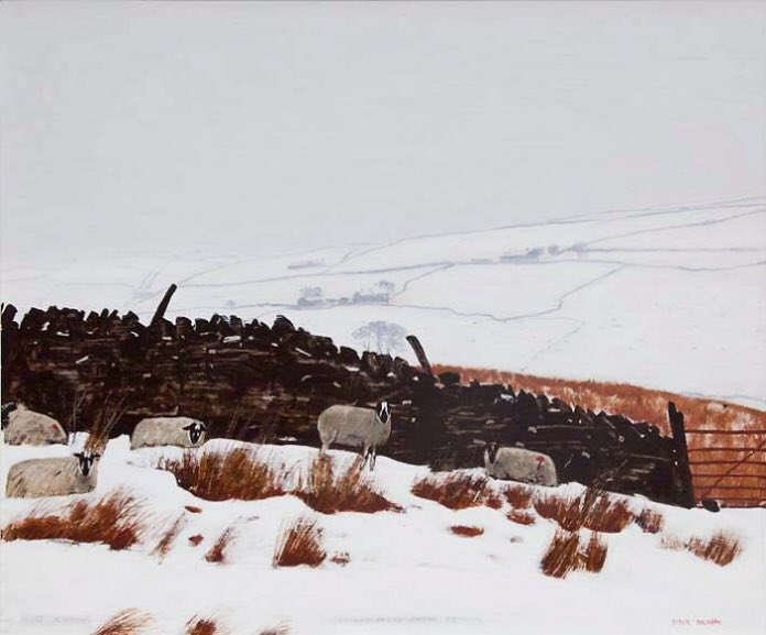 In his later work Peter Brook often employed a bolder palette. In ‘Sheep Know When There’s More Snow Coming’ the clumps of grass in the foreground provide a dash of colour, in stark contrast to the distant hillside with its landscape features barely discernible through the mist.