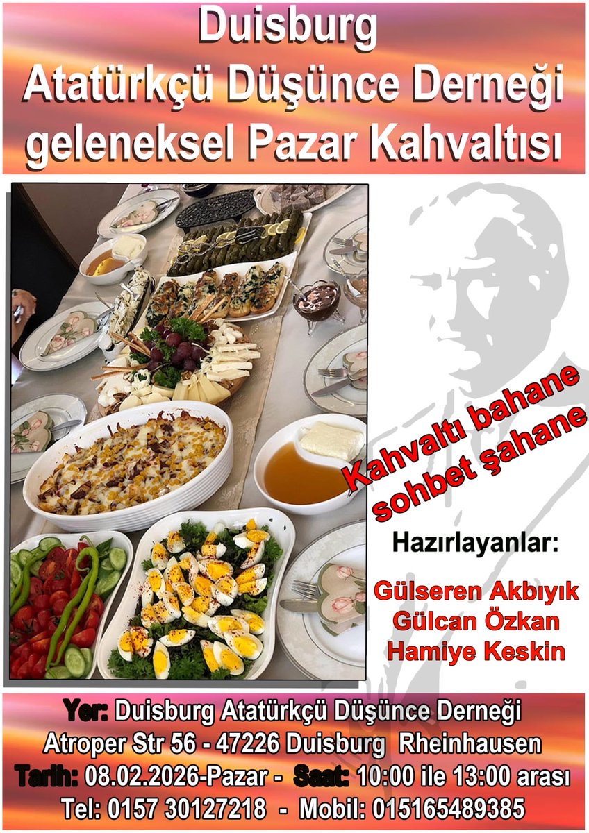 AddDuisburg's tweet photo. Değerli üyeler ve dostlar, 08 Şubat 2026 pazar günü geleneksel kahvaltımıza davet ediyoruz. https://t.co/ZrSKHP308E