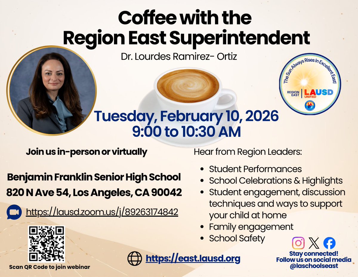 ERJrSrHighPTSA's tweet photo. Join Region East Supt. Dr. Lourdes Ramirez-Ortiz for coffee, conversation, and important updates regarding school safety and student engagement.
Tue, 2/10 (9:00 am) in person/virtually
https://t.co/ELeRyH6lhr

#PTAProud #PTA4Kids #HowWePTA #PTAExcellence #LASchools #LASchoolsEast https://t.co/ewVEzENeyB