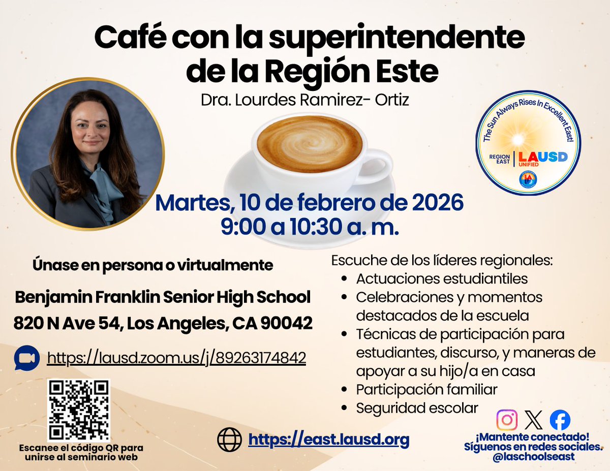 ERJrSrHighPTSA's tweet photo. Join Region East Supt. Dr. Lourdes Ramirez-Ortiz for coffee, conversation, and important updates regarding school safety and student engagement.
Tue, 2/10 (9:00 am) in person/virtually
https://t.co/ELeRyH6lhr

#PTAProud #PTA4Kids #HowWePTA #PTAExcellence #LASchools #LASchoolsEast https://t.co/ewVEzENeyB