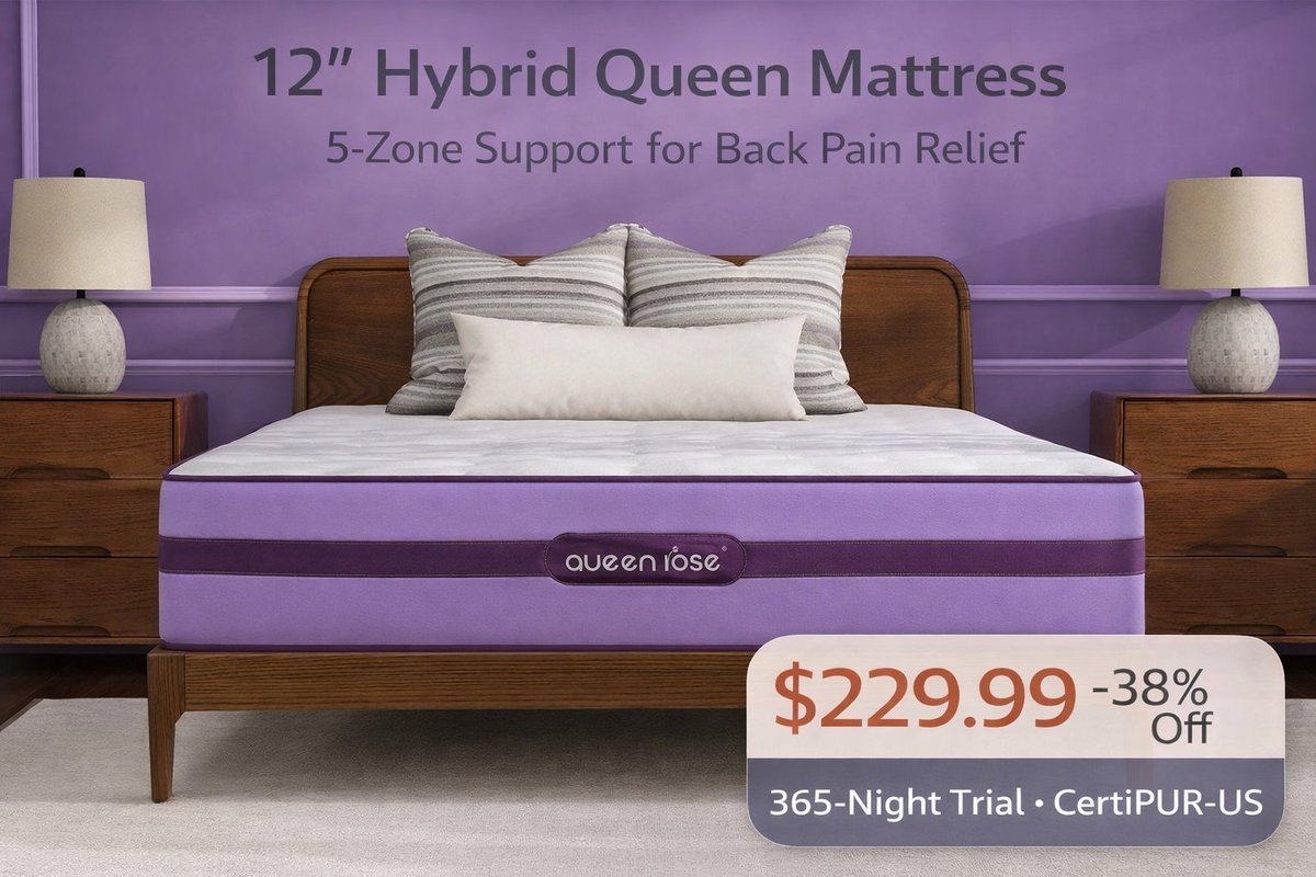 Back support that actually makes a difference 💤

This 12” Hybrid Queen Mattress features 5-zone support, cooling foam, and pocket springs — all with a medium-firm feel.

🔥 $229.99 (38% OFF – Limited Time)
🛒 Try it for 365 nights
amzn.to/4khu47S