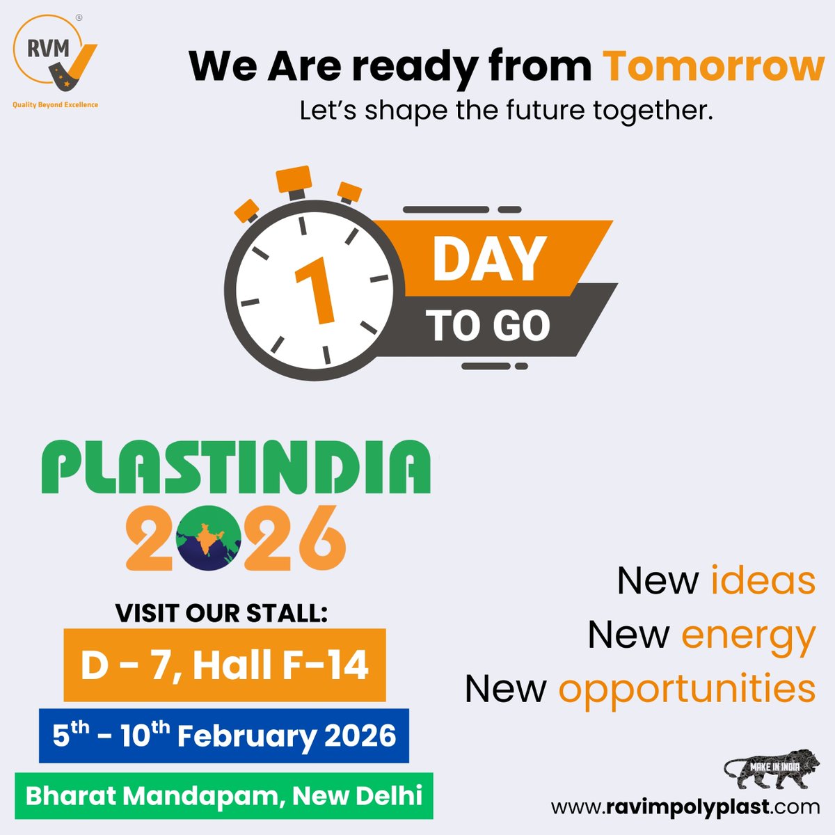rvm_preforms's tweet photo. ⏰ Just 1 Day To Go!

We’re all set and ready from tomorrow at PLASTINDIA 2026 🚀
Join RVM as we showcase new ideas, new energy, and new opportunities in plastic solutions.

📍 Stall: D-7, Hall F-14
📅 5th – 10th February 2026
📌 Bharat Mandapam, New Delhi https://t.co/ddEvIRQTHx