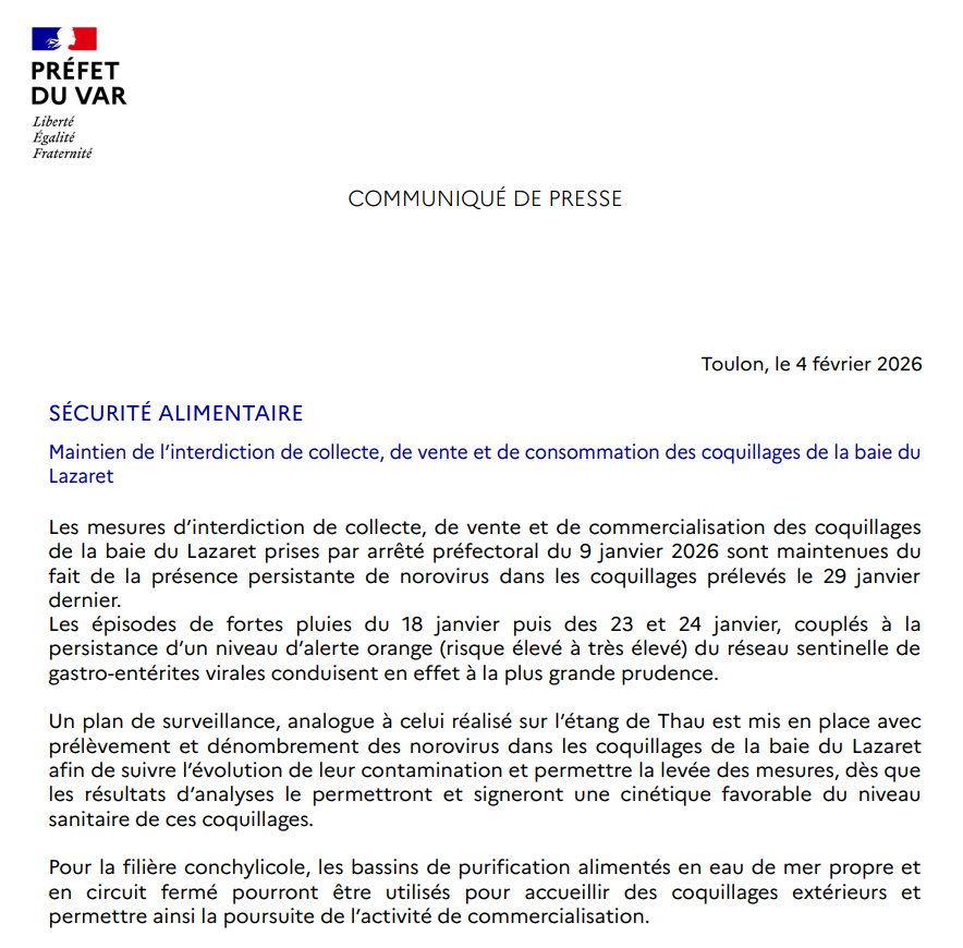 Prefet83's tweet image. #SécuritéAlimentaire | ❌Le préfet du #Var maintient l’interdiction de collecte, de vente et de consommation des coquillages de la baie du Lazaret du fait de la présence persistante de norovirus.
Le communiqué de la préfecture⤵️