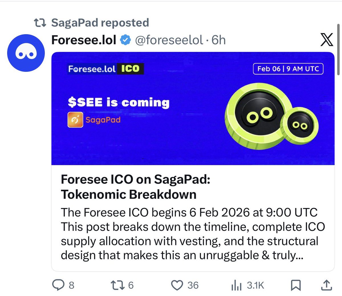⛔️ ‼️ 🚩 🚩 

ANOTHER UPCOMING SCAM ICO!

Foresee ICO is coming to SagaPad. A new launch is being hyped as the next big thing on <a href="/sagapad_icm/">SagaPad</a> Platform. Big names are mentioned but hype alone does not equal value.  There is no notable owner of the project l, don’t fall for it $See