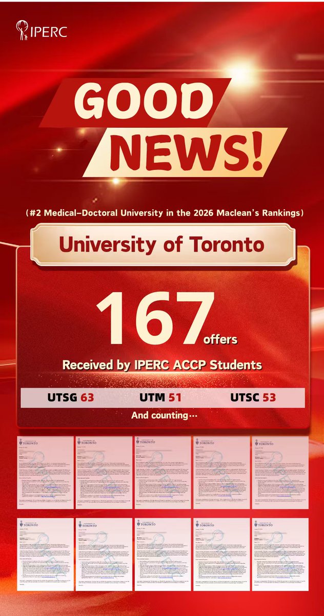 IPERC4's tweet image. Good news 🎉
As of today, IPERC ACCP students have secured 261 offers for Fall 2026 admissions, including 167 offers from the University of Toronto.
Results driven by rigorous academics and long-term planning.
#IPERC #ACCP #CanadaAdmissions
