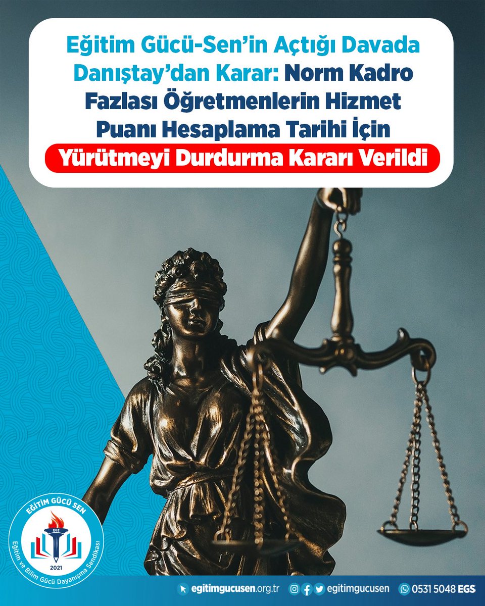 Eğitim Gücü-Sen olarak açtığımız dava sonucunda, norm kadro fazlası öğretmenlerin yer değiştirme işlemlerinde hizmet puanı ve hizmet süresi hesabının 9 Nisan 2025 tarihi esas alınarak yapılmasını öngören düzenleme hakkında Danıştay tarafından yürütmenin durdurulmasına karar