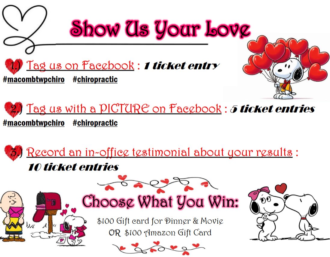 MacombChiro's tweet photo. 📷REMINDER to current patients!! Enter to win our 'show us your love' special! 📷
1 Ticket for tagging us!
5 Tickets for uploading a picture with the doctor or of our office!
10 Tickets for recording a testimonial in office!
*If you've uploaded a picture, make sure to mention it* https://t.co/Ln27G61wzR