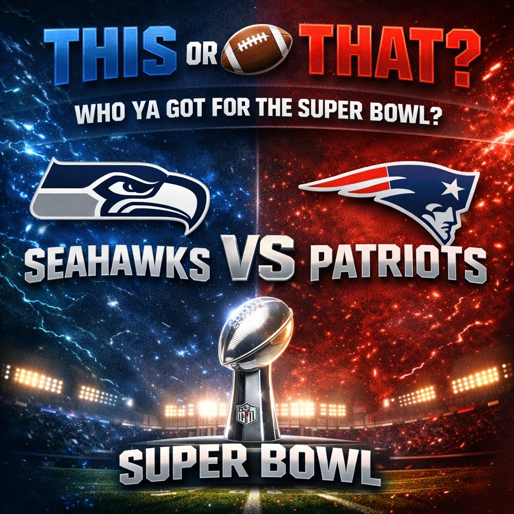 🏈 THIS OR THAT – SUPER BOWL EDITION 🏈

SEAHAWKS 🆚 PATRIOTS

Seahawks or Patriots — who you got for the big game?

#ThisOrThat #SuperBowl #Seahawks #Patriots #huffInsurance 🏈