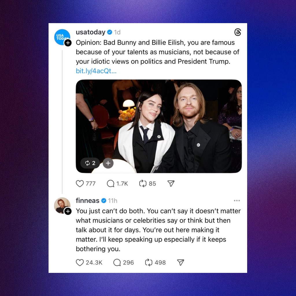 PopBase's tweet image. Finneas responds to USA Today column dismissing celebrity political views as “idiotic”:

“You can't say it doesn't matter what musicians or celebrities say or think but then talk about it for days. You're out here making it matter. I'll keep speaking up especially if it keeps…