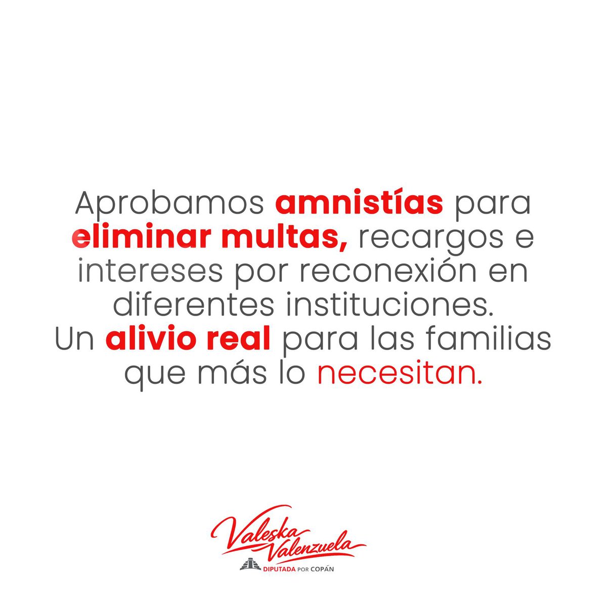 🇭🇳 Copán, atención.
Cuando el dinero no alcanza, las multas no ayudan.
Desde el Congreso aprobamos un paquete de amnistías para ponerse al día sin recargos ni castigos:

Municipal, energía, vehículos, HONDUTEL, agua y tributaria.

¡Es un respiro para las familias trabajadoras!