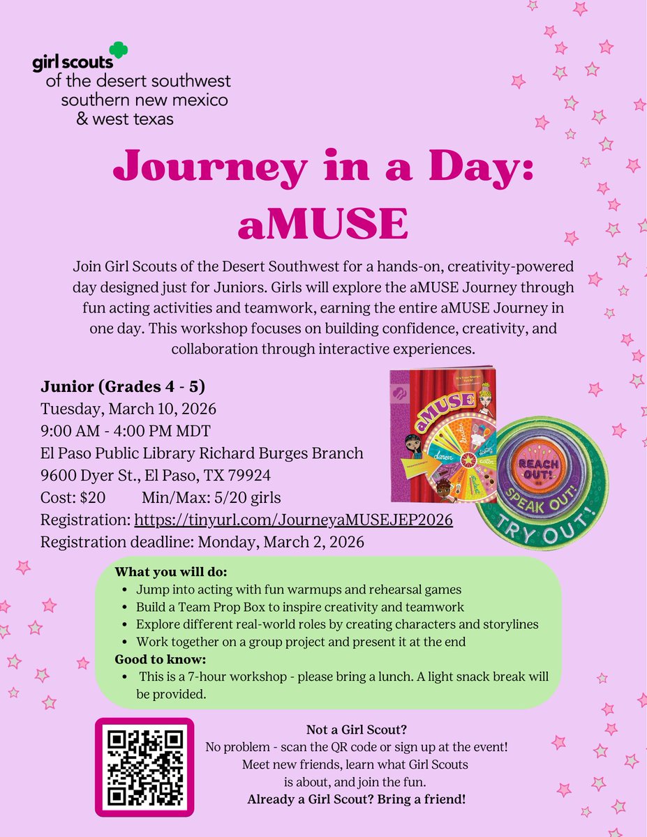 GSDSWOfficial's tweet photo. Calling all Juniors (Grades 4-5)! 🎭 

Join us for 'Journey in a Day: aMUSE' on Tuesday, March 10, 2026, in El Paso, TX. Dive into acting, teamwork, and storytelling while earning your aMUSE Journey in just one day. 

Register here: 
https://t.co/im0XSLPPaH https://t.co/HpxlnPvYug
