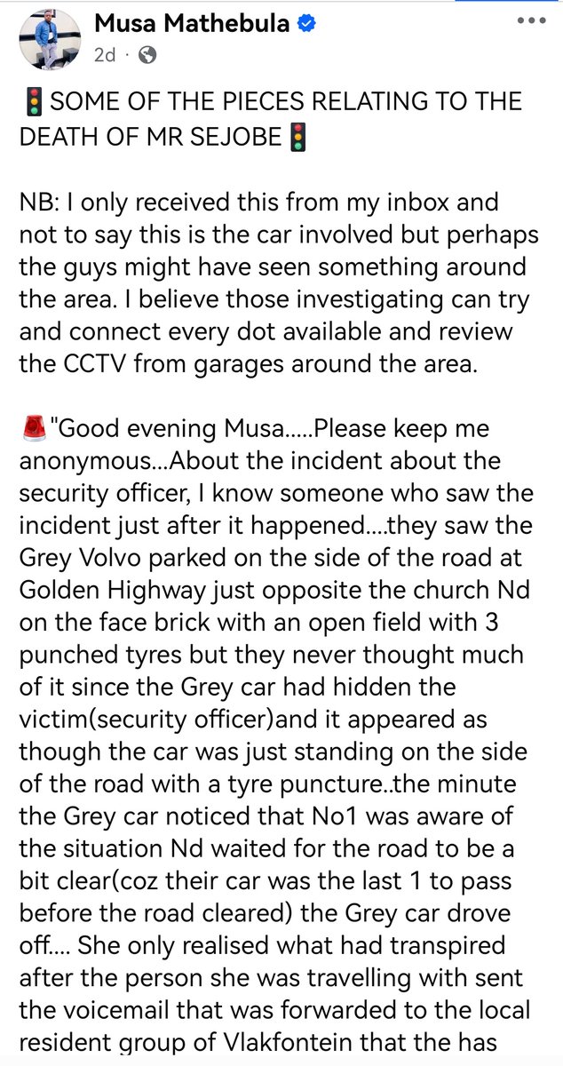 musamathebulaa's tweet image. 🚨UPDATE🚨
THE DEATH OF MR DAVID SEJOBE 
Two days back I posted about someone who saw a Volvo that was driving to the garage with its tyres punctured and showing signs it's from an accident. As you can see this car has hit an object with its windscreen, can police finish the job