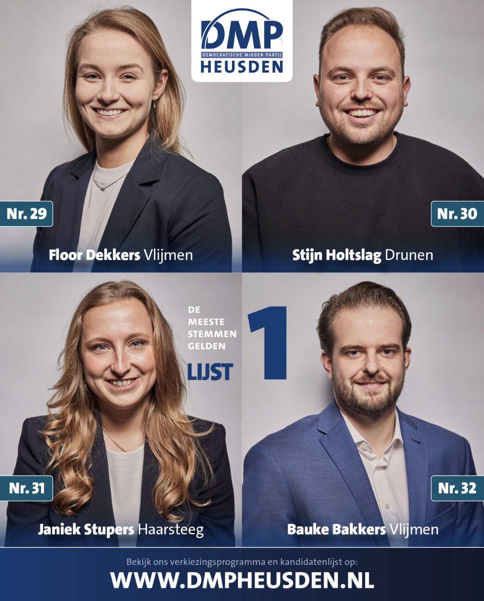 3️⃣2️⃣ Bauke Bakkers uit Vlijmen

3️⃣1️⃣ Janiek Stupers uit Haarsteeg

3️⃣0️⃣ Stijn Holtslag uit Drunen

2️⃣9️⃣ Floor Dekkers uit Vlijmen 

➡️ Meer weten over onze kandidaten ? Neem dan een kijkje op de website: dmpheusden.nl/kandidatenlijst