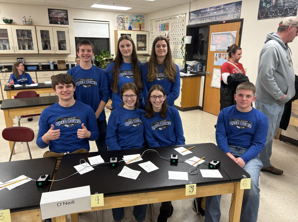 The high school quiz bowl team finished 9-0 at Norfolk Catholic last night. Way to go Eagles!