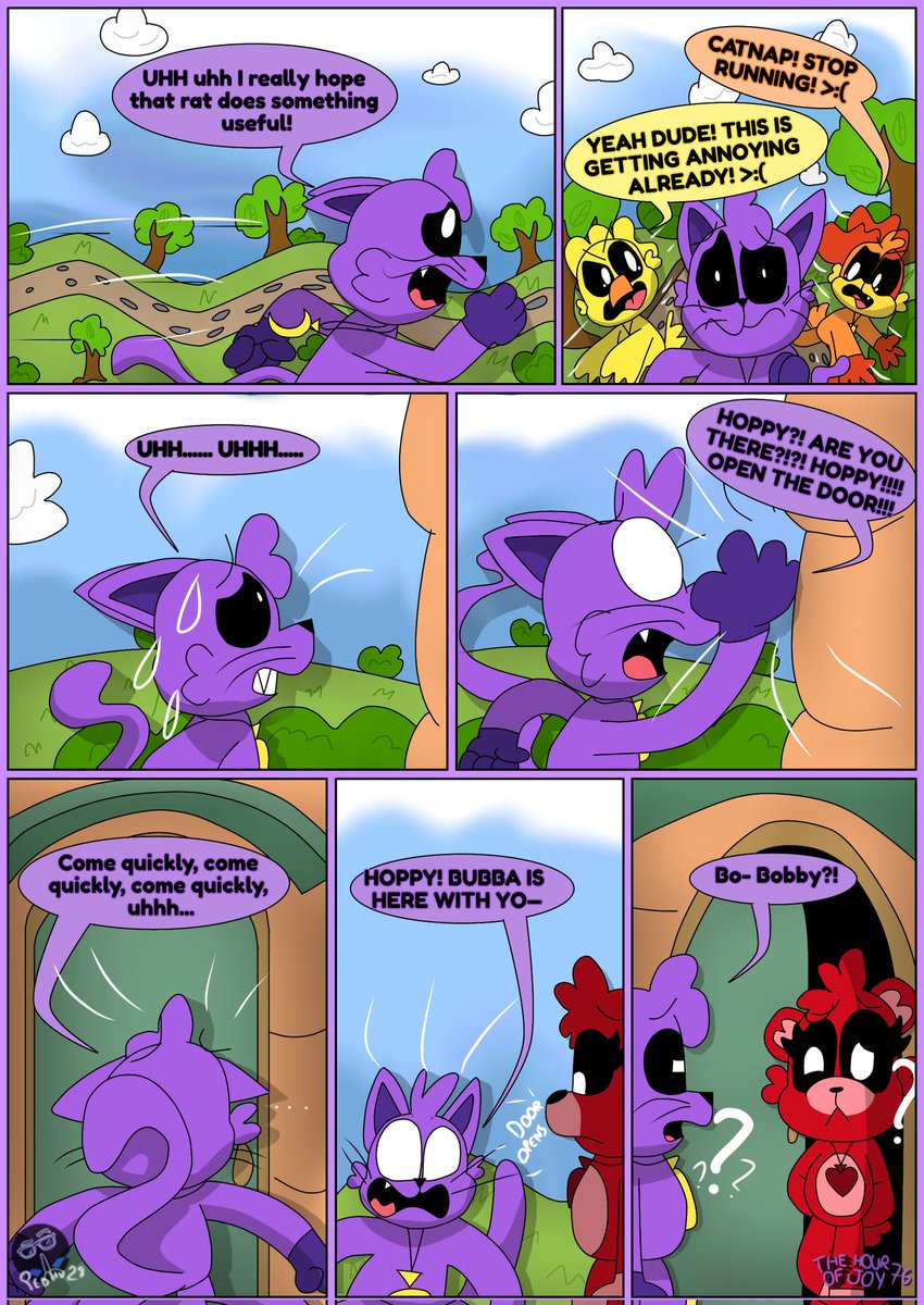 THE HOUR OF JOY
(PART 76)

How did all this happen?
...

#TheHourOfJoy #TheJoy #comic
#SmilingCritters #NightmareCritters #SmilingCrittersAU
#Cartoon #CatNap #DogDay #KickinChicken #BobbyBearHug #HoppyHopscotch