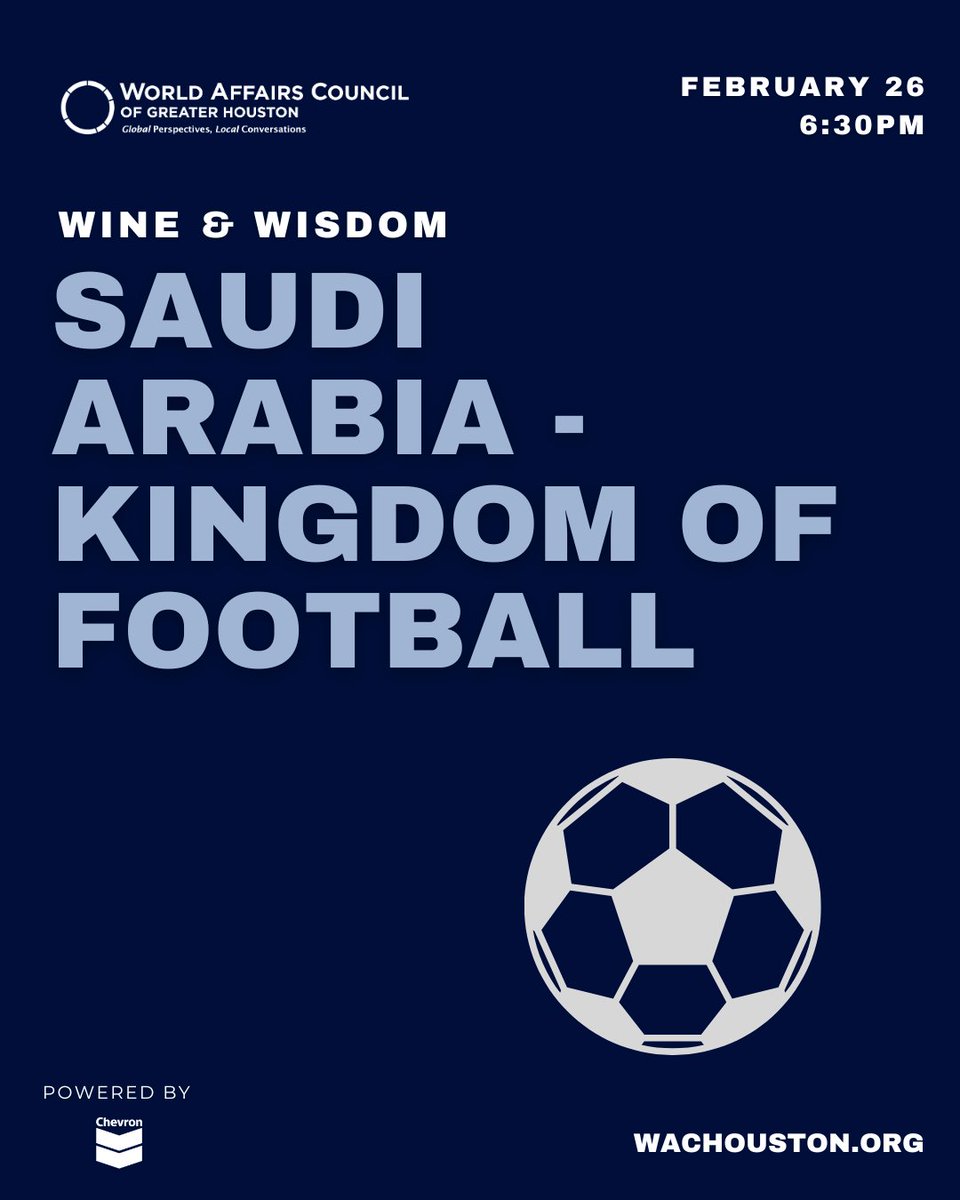 Join us as Kristian Coates Ulrichsen brings his rare combination of expertise to connect football to Saudi policymaking, economic and social transformation, and foreign policy. 

Register today at hubs.ly/Q041PZ0W0

#saudiarabia #football #wine #houston #events #wachouston