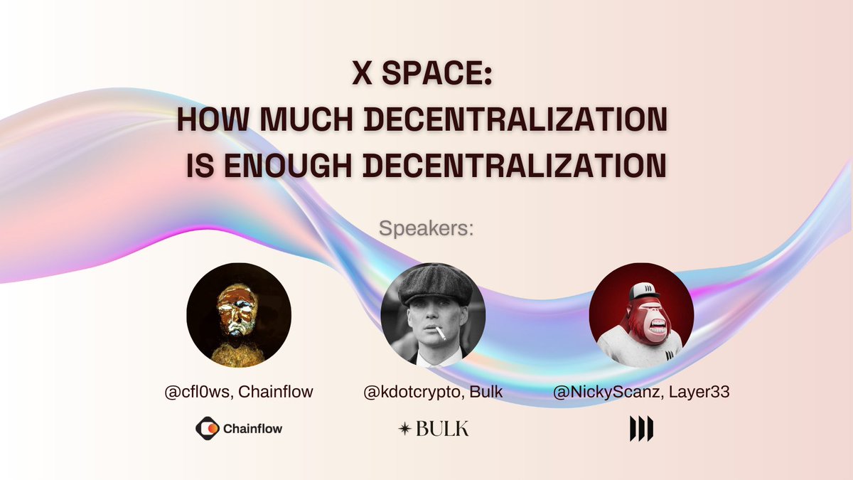 With the trend of declining number of <a href="/Solana/">Solana</a> validators, we're getting together to discuss what it means for a chain to be decentralized enough.

Join us tomorrow and see what our founder <a href="/cfl0ws/">©flows / Chainflow</a>, <a href="/NickyScanz/">NickyScanz</a> from <a href="/Layer_33_/">Layer33</a> &amp; <a href="/kdotcrypto/">kdot | bulk</a> from <a href="/bulktrade/">BULK</a> have to say.