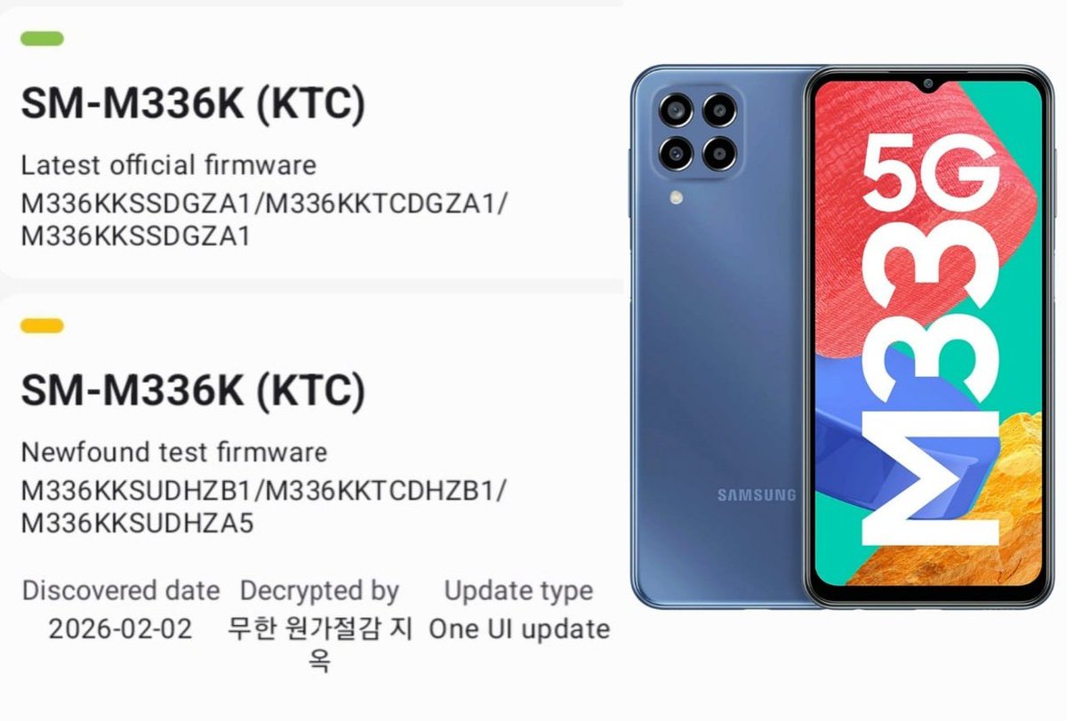 Galaxy M33 Korean Variant has been spotted with a One UI 8.5 Test Build in South Korea 🔥🇰🇷

💡 Build info: M336KKSUDHZB1/M336KKTCDHZB1/M336KKSUDHZA5
#Samsung #oneui8_5 #Android