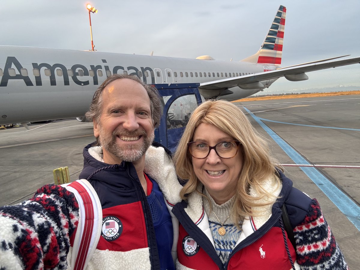 Dpicatti's tweet photo. Showing our @RalphLauren @milanocortina26 style on our way to the Olympics!  Grazie @RalphLauren, @AmericanAir, and @British_Airways for getting us to Milan in time for the opening ceremony, cheering on @TeamUSA https://t.co/w7dDiQ2P1b