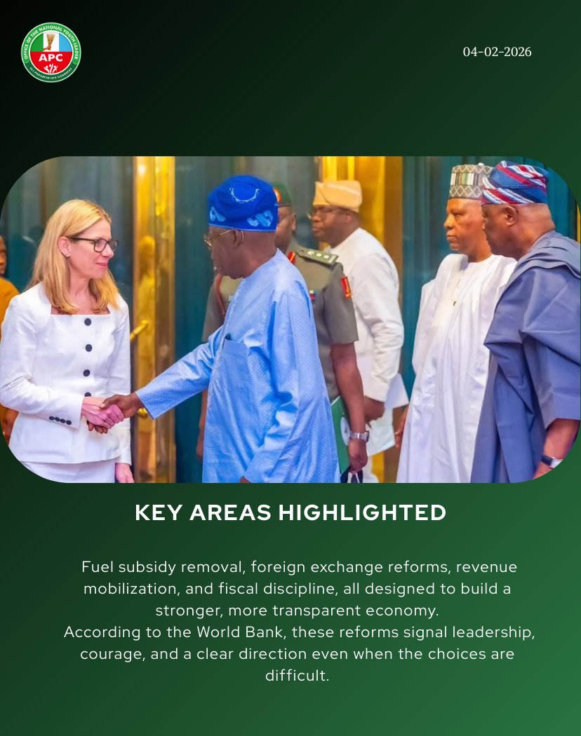 apcngyouthwing's tweet photo. The World Bank recognizes Nigeria as a global reference point for credible reform leadership. With fuel subsidy removal and stronger fiscal discipline, President Bola Ahmed Tinubu has reaffirmed the commitment to decisions aimed at economic stability and long-term growth. 

#apcyouthwing #youngprogressives #progressiveminds #leadership #youthengagement #goviral