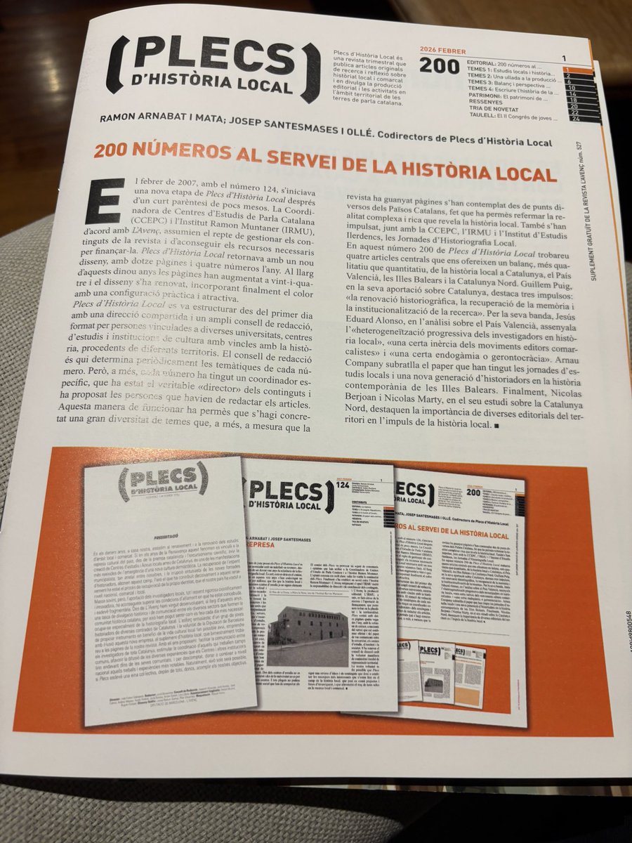 Arriba el 527 de <a href="/L_Avenc/">L’Avenç</a> acompanyat de festa grossa: el 200 dels Plecs d’història local. Tinc clar que la història local no existeix o bé tot és història local. Tot passa en el lloc. Els francesos són mestres en fer gran el que és petit: del lloc al paradigma historiogràfic.