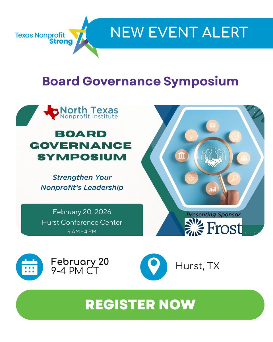 NonprofitStrong's tweet photo. Strengthen your nonprofit’s leadership at the Nonprofit Governance Symposium! Powered by North Texas Nonprofit Institute. This training is a great space to Network &amp; share insights.

🔹Date: February 20, 2026 
🔹Time: 9:00 - 4:00PM CT 
🔗 https://t.co/nGxlAA2cT5 https://t.co/gOxRW7dnlj