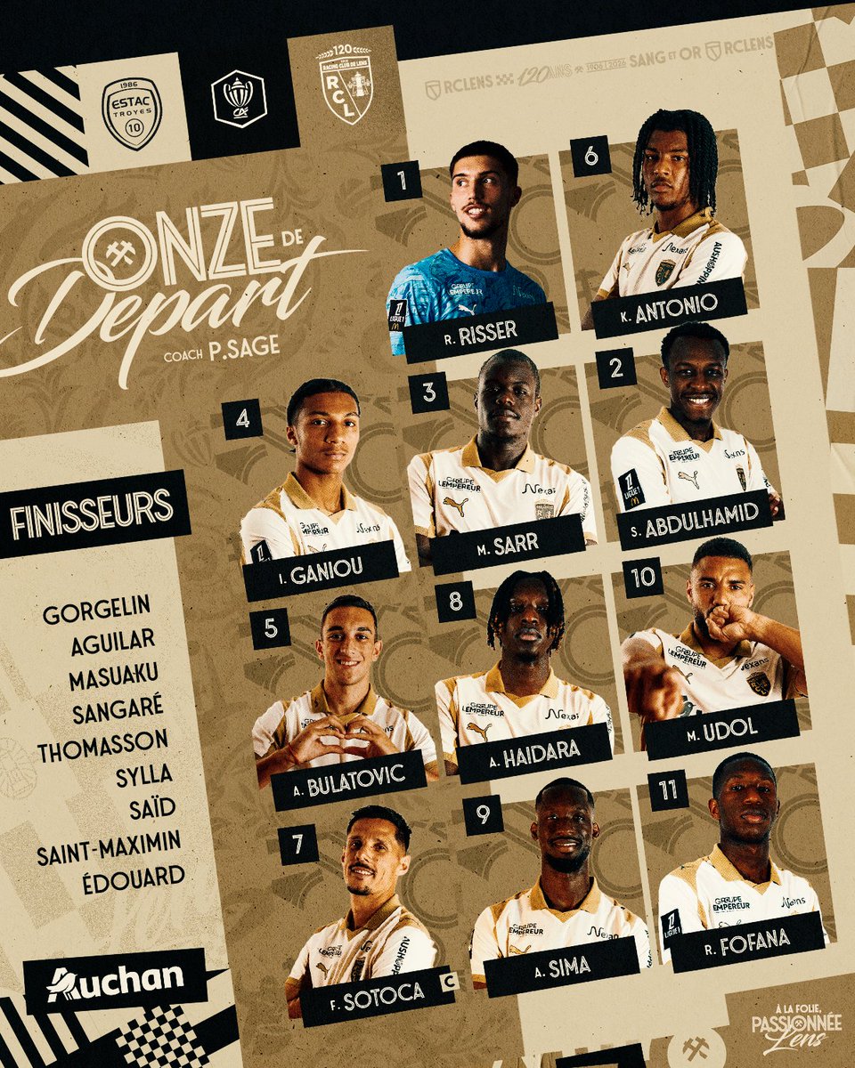 𝑯-𝟏 avant #ESTACRCL 🟤⚪️

Voici le 𝒐𝒏𝒛𝒆 𝒍𝒆𝒏𝒔𝒐𝒊𝒔 pour ce 8e de finale de <a href="/coupedefranceCA/">Coupe de France Crédit Agricole</a> face à l'<a href="/estac_officiel/">ESTAC Troyes</a>.

📋 Amadou Haidara connaît sa première titularisation avec le Racing.

#FiersDEtreLensois