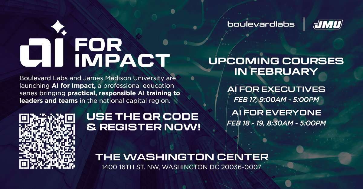 BoulevardLabs's tweet photo. AI is no longer optional. It is a leadership imperative. AI for Impact helps leaders and teams apply AI responsibly with confidence and governance. February sessions in Washington, DC.

🔗 Register now: https://t.co/KJ5fj3NLxR
 
#BoulevardLabs #AIforImpact https://t.co/LoyZWH428T