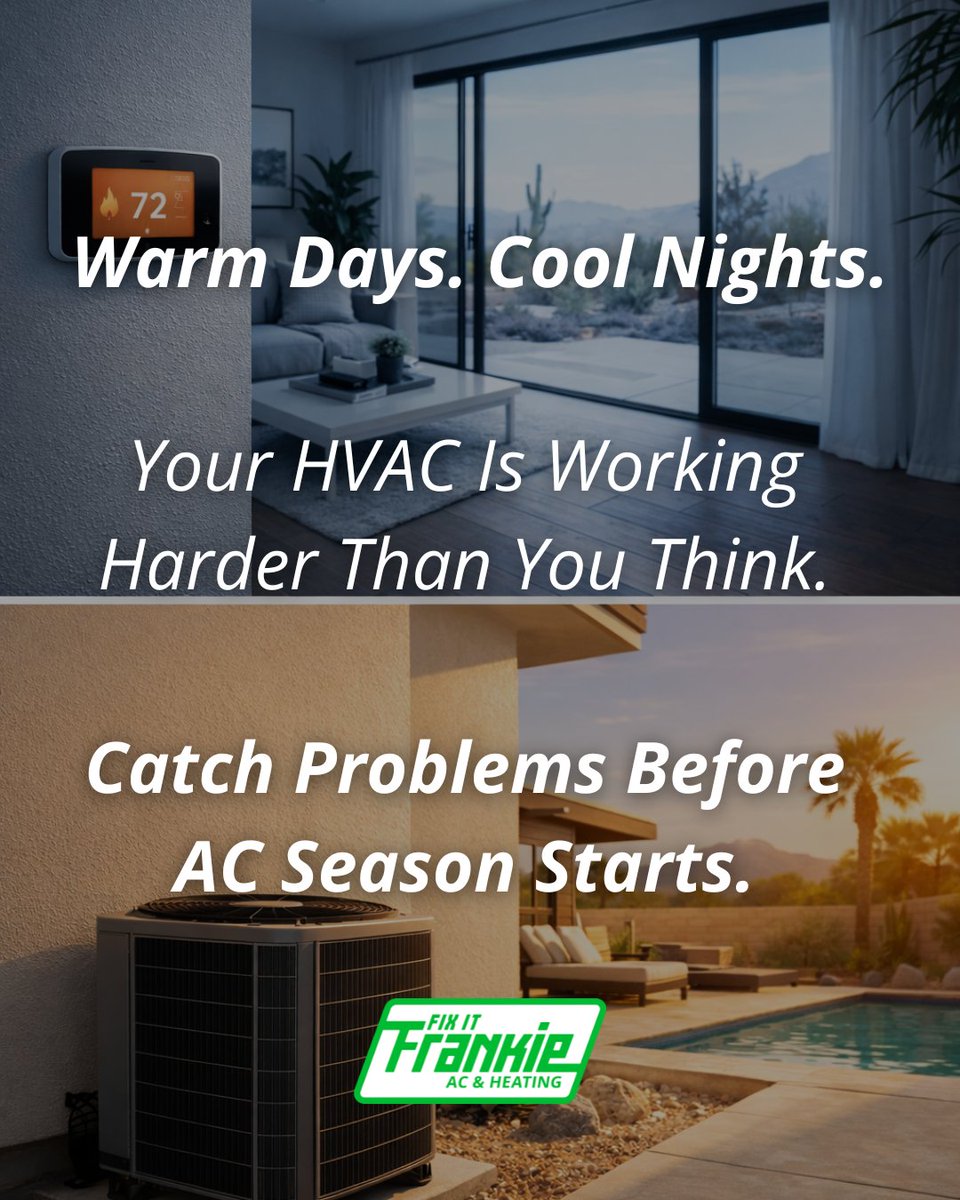 frankiecanfixit's tweet photo. Daytime warms, nights stay cool, your HVAC works harder than you think.
Early checkups catch issues before AC season hits.
#FixItFirst #PhoenixHVAC #HomeComfort https://t.co/GwgLMB6MCu