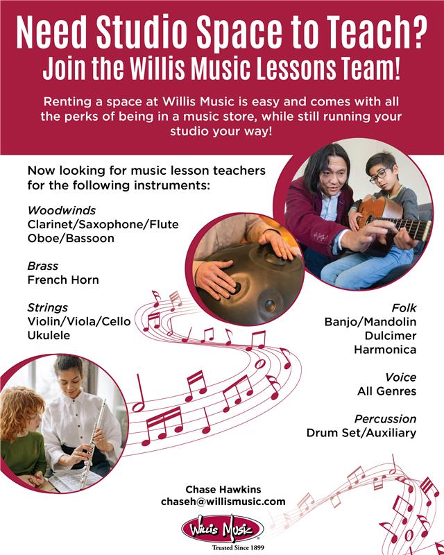 Are you a music teacher looking for a great place to teach? Join the Willis Music Lessons Team! 

We’re looking for instructors across a wide range of instruments. Interested? Reach out to chaseh@willismusic.com