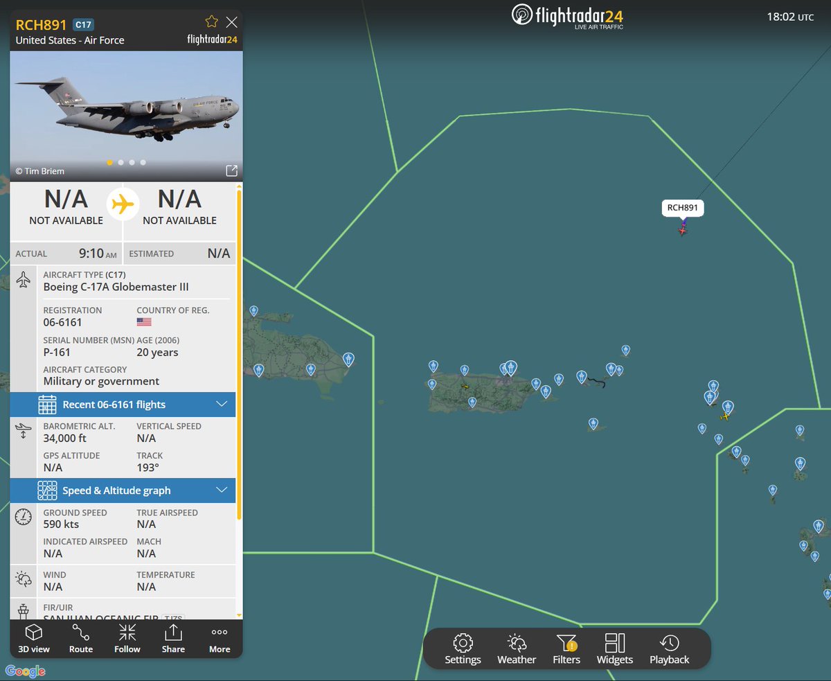 Flightwatcher1's tweet photo. #USAF C-17A Globemaster III
Código de llamada: REACH891
Matrícula: 06-6161
Hex: #ae145f
Desde Ramstein 🇩🇪 hasta Ceiba🇵🇷, tienen trabajo allí hoy descargando cosas.. 🤔
#PuertoRico #SOUTHCOM #OpSouthernSpear https://t.co/LD2cMEETuE