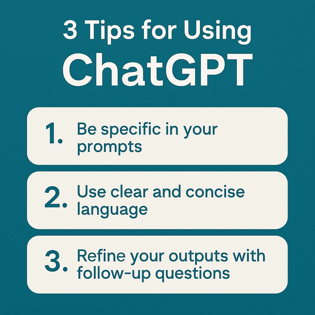 itsolutionsdfw's tweet photo. Three simple tips to get better results with ChatGPT. These small changes can help you save time, get clearer answers, and work more efficiently. Try them today and see the difference. What tip would you add?

#AI #ChatGPT #Productivity #EdTech #LifelongLearning https://t.co/DVMuiRGG1Q