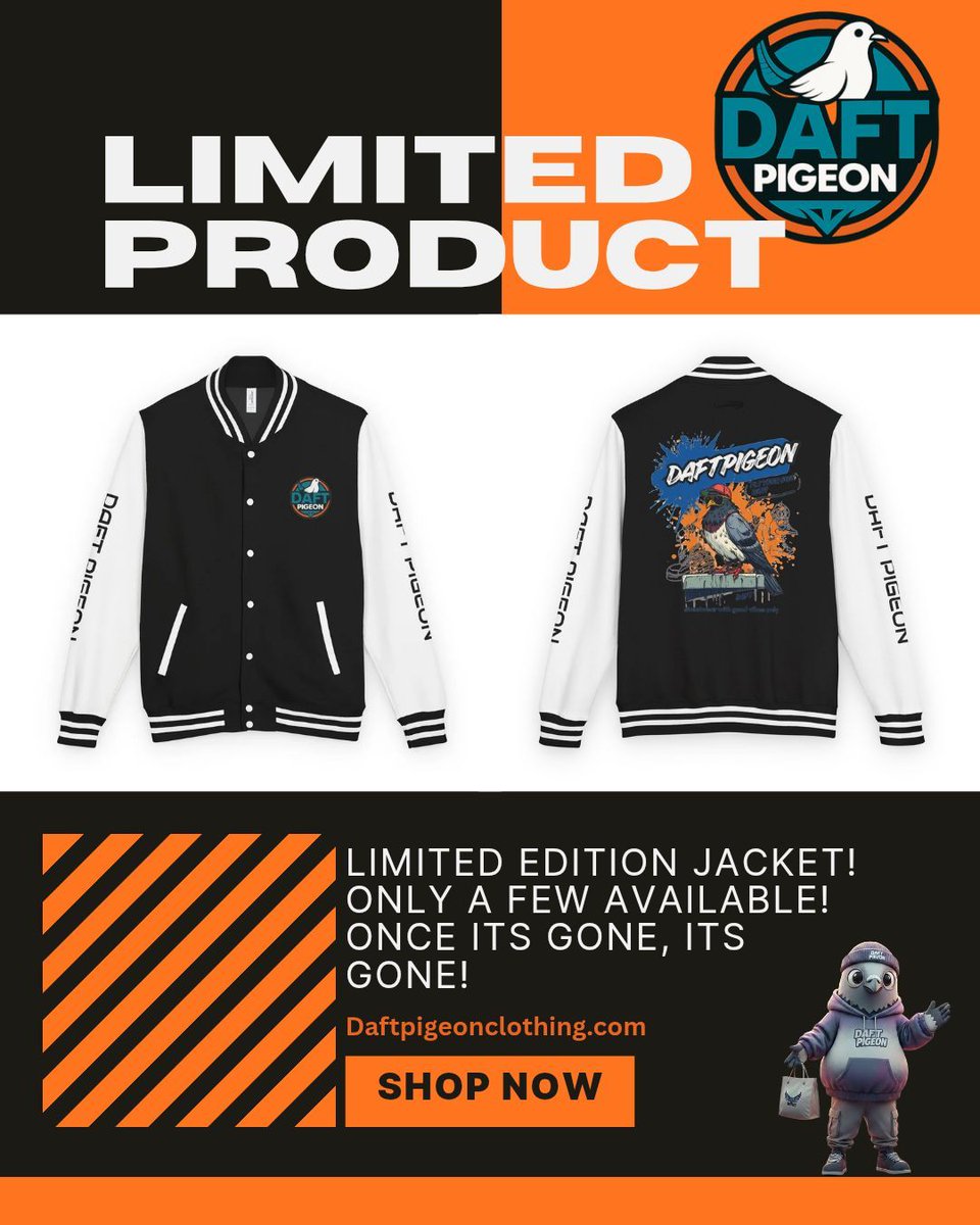 DaftPigeon1's tweet photo. WE ARE DROPPING A LIMITED EDITION DAFT PIGEON JACKET! 
This is super comfy and stylish! We are only dropping a few of these so once they are gone, they are gone! 

#limitededition #jacket #pigeon #clothing #newdrop https://t.co/QXmvL86TQL