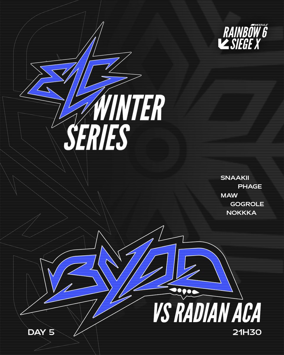 ❄️ ELC Winter Series <a href="/ELC_EsportsR6/">ELC Esports R6</a> ❄️

Nouvelle cible en vue pour ce cinquième match !

⚔️ VS <a href="/EsportsRadian/">Radian Esports</a> 
🕐 BO1 - 21:30

#BYODWIN 🏆