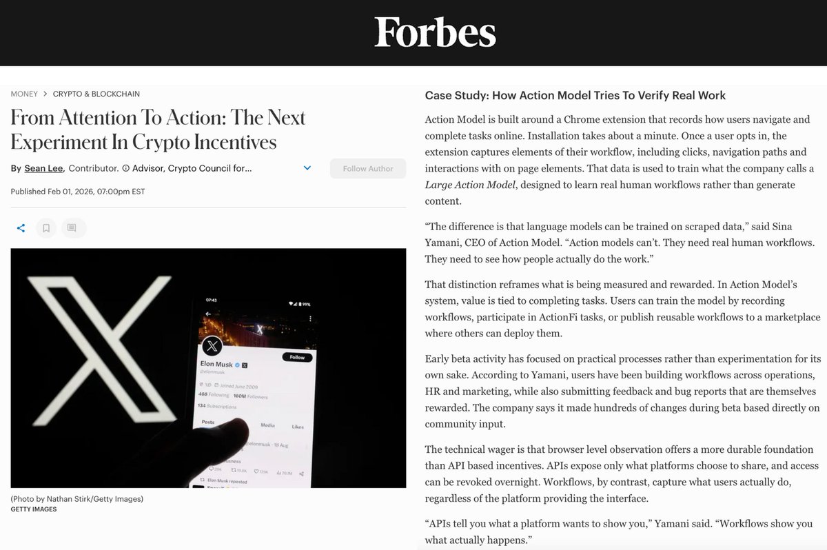sina_builds's tweet image. Web3 isn’t failing, its incentive design is.

Forbes breaks down why the next phase of Web3 is about rewarding real actions by real users, and how @ActionModelAI fits into that shift.

InfoFi rewarded hype, not work. That’s why ActionFi is the next evolution.

Worth the read, and…