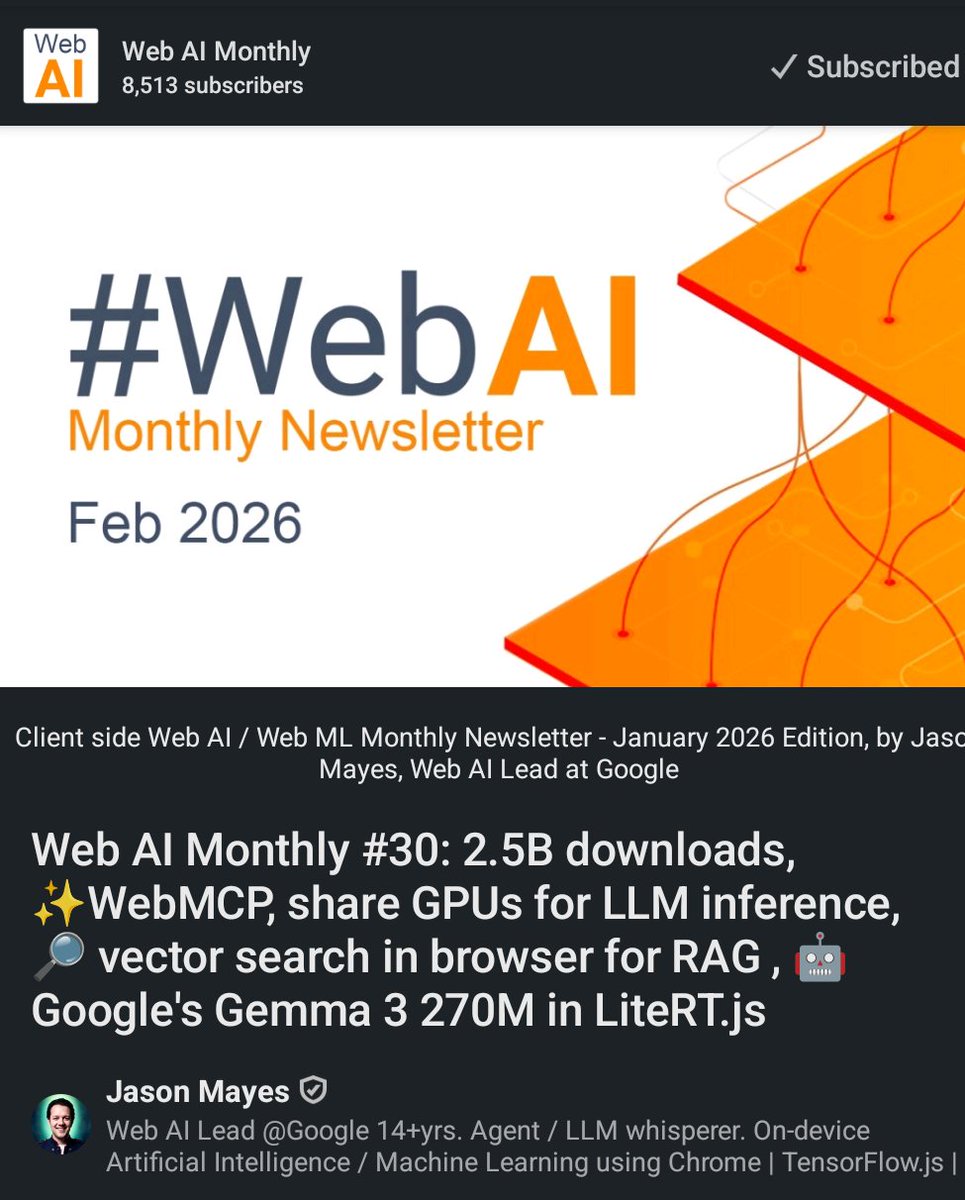 Web AI Monthly #30: 2.5B downloads, ✨WebMCP, share GPUs for LLM inference, 🔎 vector search in browser for RAG , 🤖 Google's Gemma 3 270M in LiteRT.js
linkedin.com/pulse/web-ai-m…