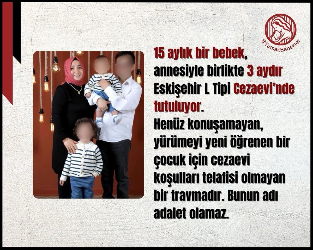 15 aylık bir bebek, annesiyle birlikte 3 aydır Eskişehir L Tipi Cezaevi'nde tutuluyor.

Henüz konuşamayan, yürümeyi yeni öğrenen bir çocuk için cezaevi koşulları telafisi olmayan bir travmadır. Bunun adı adalet olamaz.

BebekliAnne MerveSaydan
#BJKvKS #UzakŞehir pazartesi