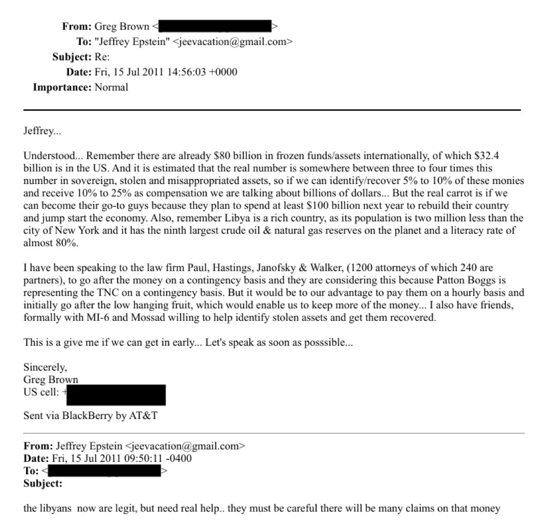 borzou's tweet image. Lots of buzz in North Africa about recent Epstein email suggesting he and an associate were scheming to skim billions from Libya’s frozen assets after the 2011 uprising. This was before Tripoli had even fallen and Gaddafi was killed. Note reference to “friends..formally with MI-6…