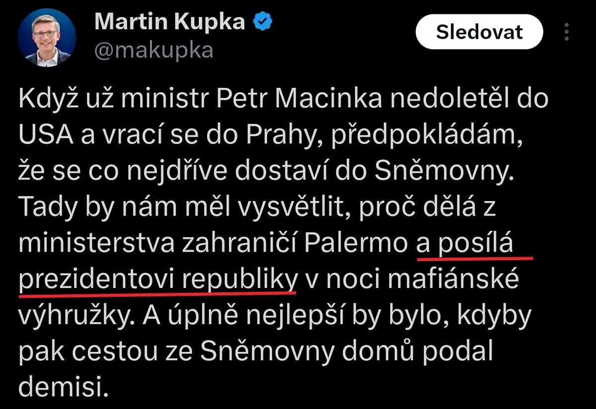 Stojíme za Kupkou!

ODS kolem tohoto problému na veřejnosti jen tiše našlapovala, proto je potřeba v tomto podpořit předsedu Kupku. 

Vedle svého obvyklého slovního patosu pojmenoval skutečného vládce Hradu prezidenta Koláře a zesměšnil tak jeho komunistickou princeznu na