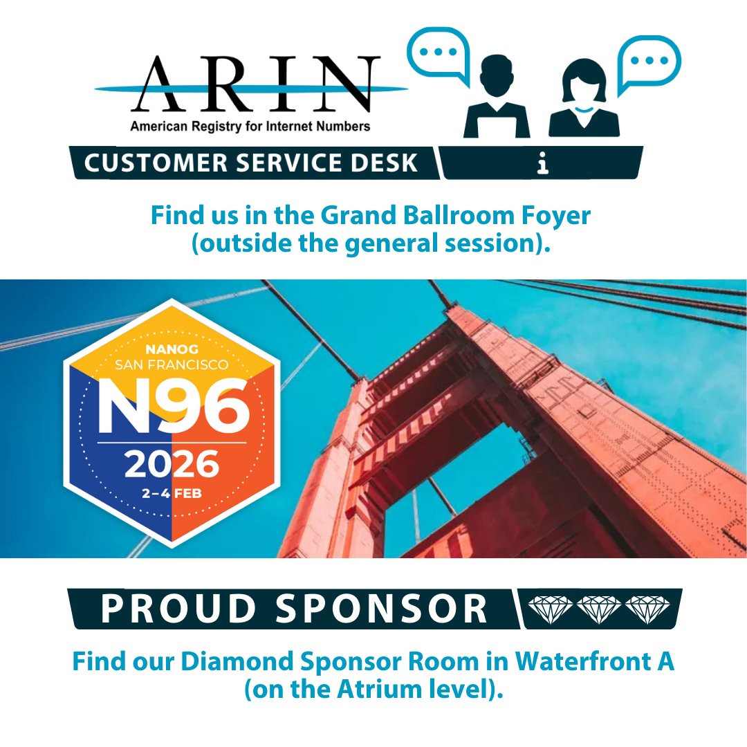 TeamARIN's tweet photo. Final day at #NANOG96! ๐
Last chance to visit the ARIN team:
๐ Customer Service Desk (Grand Ballroom Foyer)
๐ Diamond Sponsor Room (Waterfront A)
Questions about #IPv6, #RPKI, or number resources? We're here to help!
#WeAreNANOG #NetworkOperators @nanog https://t.co/XTQLs77IlC