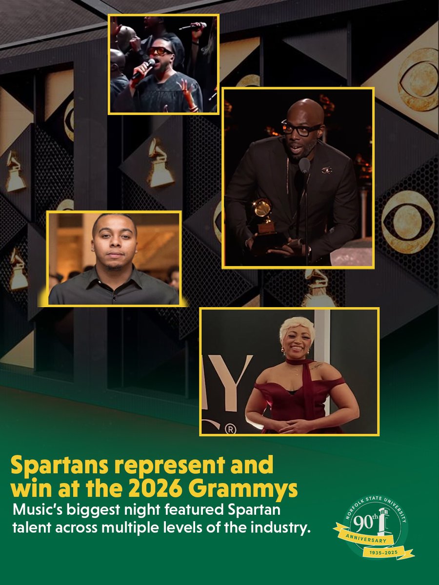 Norfolkstate's tweet photo. 🏆 NSU Shine at the 2026 GRAMMYs🏆

NSU proudly celebrates the incredible accomplishments of our Spartans who made an impact on music’s biggest night across performance, production, media, and award-winning projects.
Spartans continue to shape culture and leave their mark https://t.co/RghOIDp405