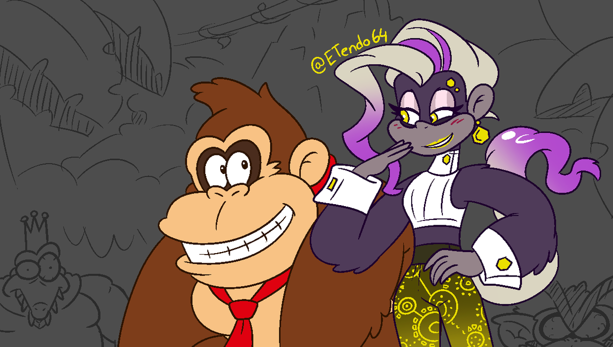 ETendo64's tweet photo. out of sheer boredom and unironically watching the dkc cartoon, I decided to draw this

(I didn't have a better caption but here's a somewhat early valentines day drawing)
#donkeykong #poppykong #nintendo https://t.co/vIE2rDrK3E