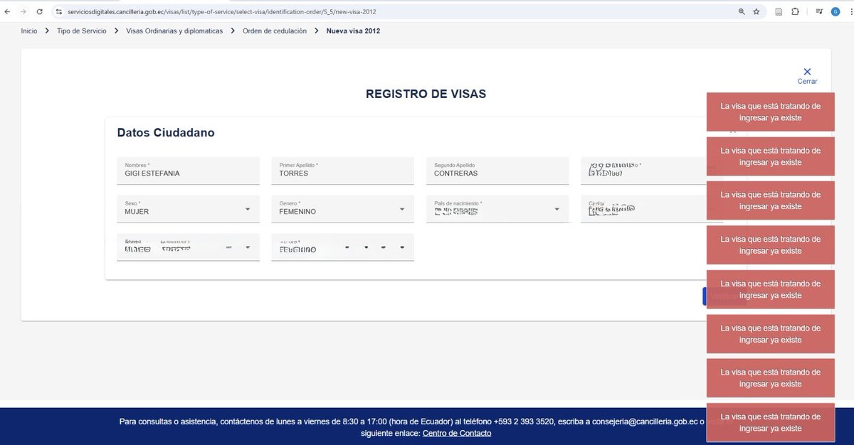 GigiiTorres's tweet photo. @CancilleriaEc @DanielNoboaOk @gabisommerfeld Como le indico el error persiste, el mismo 16 les respondí el correo indicando la novedad, hoy volví a enviar otro y aun no me dan una solución, me piden mis datos y sigo a la espera de que me contacten. Por Dios habiliten la atención presencial, el sistema tiene muchas fallas. https://t.co/zqDYm0nGGn