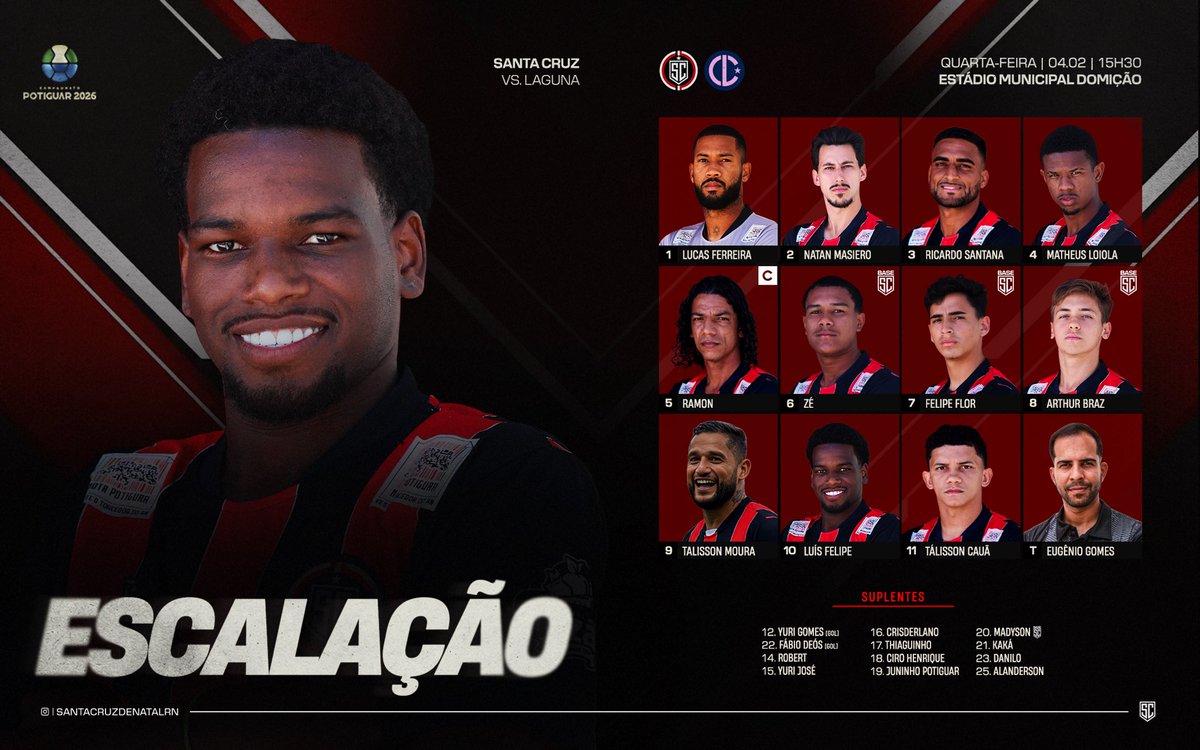 ESCALAÇÃO DO SANTA! 📋

Time escalado pelo técnico Eugênio Gomes para o jogo de logo mais, às 15h30, diante do Laguna, na sexta rodada do Campeonato Potiguar 2026.

Detalhe: três atletas da base entre os titulares na partida de hoje.

#SantaCruz #Temporada2026