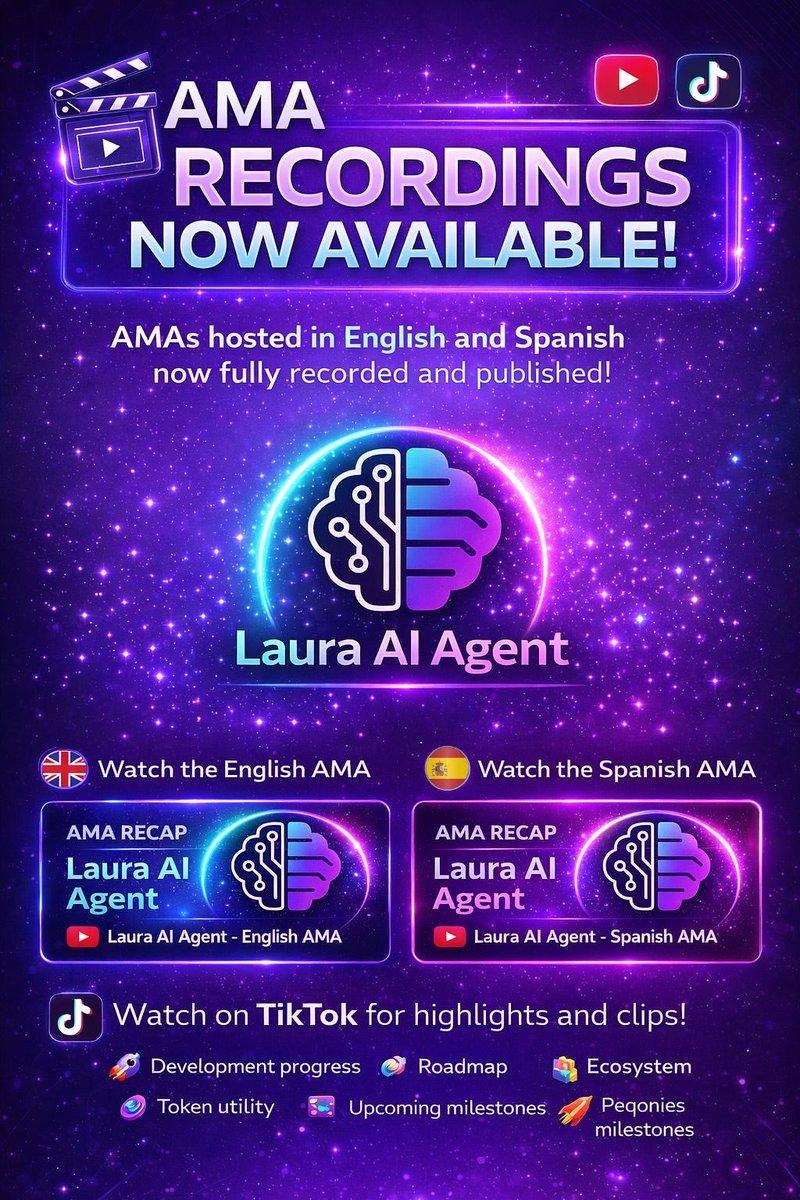 LAAIAGENT's tweet photo. 🎥 AMA RECORDINGS — NOW AVAILABLE 🎥

We’re happy to inform our community that the AMAs held in both English and Spanish are now fully recorded and publicly available.

📺 Full AMAs on YouTube
• 🇬🇧 English AMA:
https://t.co/6dCKAEbNHT

• 🇪🇸 Spanish AMA:
https://t.co/Ku5ZKvnIuS

🎬 TikTok — Laura AI Agent
• Highlights and clips from the English AMA are also being published on our official TikTok account:
https://t.co/juoap5hiD4

These AMAs cover key topics about Laura AI Agent, including development progress, roadmap, token utility, ecosystem expansion, and upcoming milestones.

We remain committed to transparency, open communication, and a long-term vision.

📩 Official Contact
🌐 Website: https://t.co/J1lU1jdYt2
📧 Email: contact@lauraaiagent.com
📲 Telegram Support: @ lauraaiagentsupport
💬 Discord (support tickets): https://t.co/Sl3nqp9dzN

Thank you to everyone who joined us live and to those supporting the project.
More updates coming soon. 🚀💜

#LauraAIAgent #LAAI #CryptoAMA #AITrading #Web3 #CryptoCommunity 🚀
