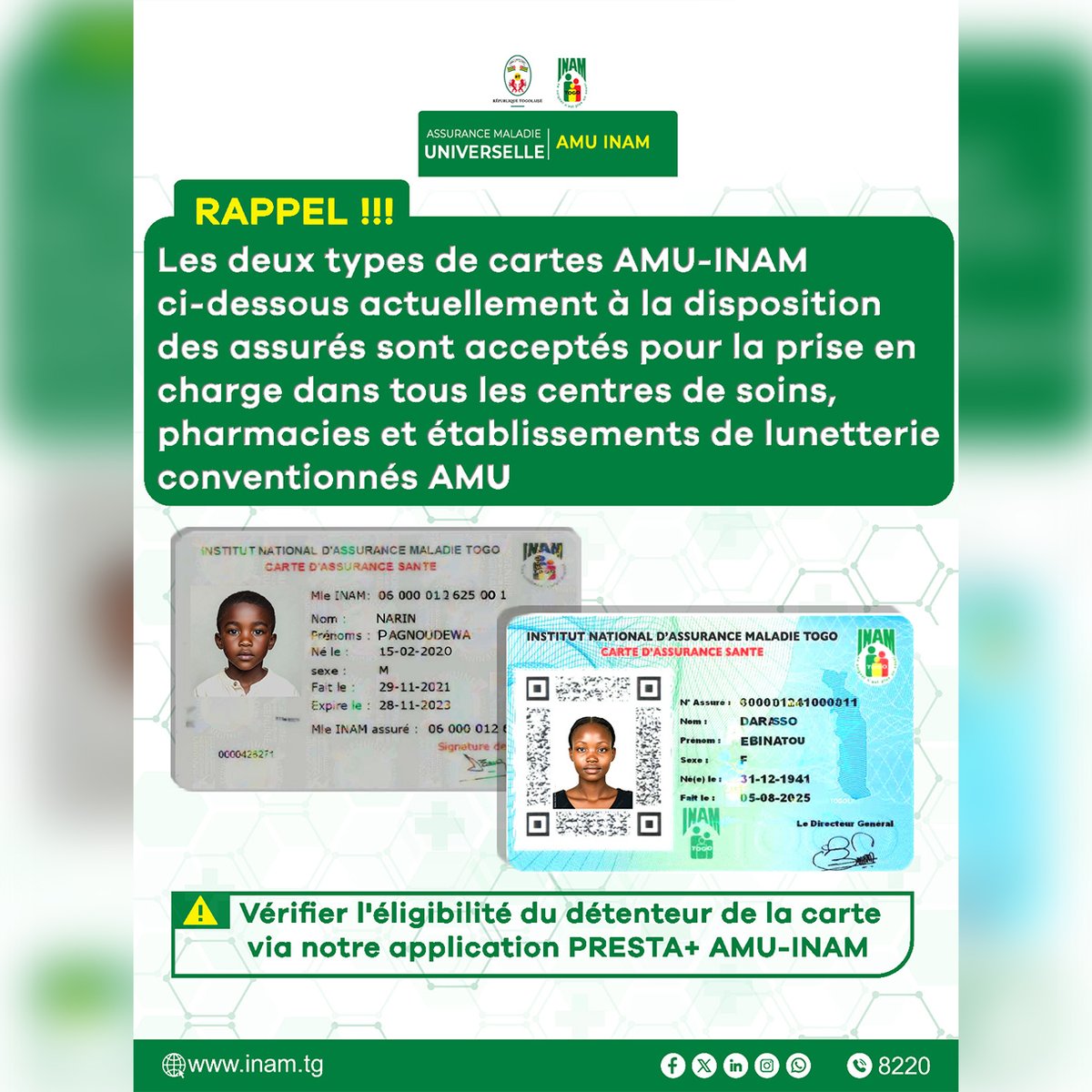 InamTogo's tweet image. 📢RAPPEL!  RAPPEL! RAPPEL!
Les  deux types de cartes AMU-INAM (cf. visuel) actuellement à la  disposition des assurés sont acceptés pour la prise en charge dans tous  les centres de soins, pharmacies et établissements de lunetterie  conventionnés AMU.
#AMU #INAM #carte #carteinam