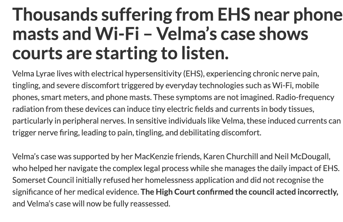 GillRaeWalker's tweet image. Millions suffer from #EHS in the UK but a High Court victory in Dec 2025 underscored the need for local councils to take medical evidence relating to electrical hypersensitivity (EHS) into account when making  housing, planning or public safety decisions. radiationresearch.org/wireless-radia…