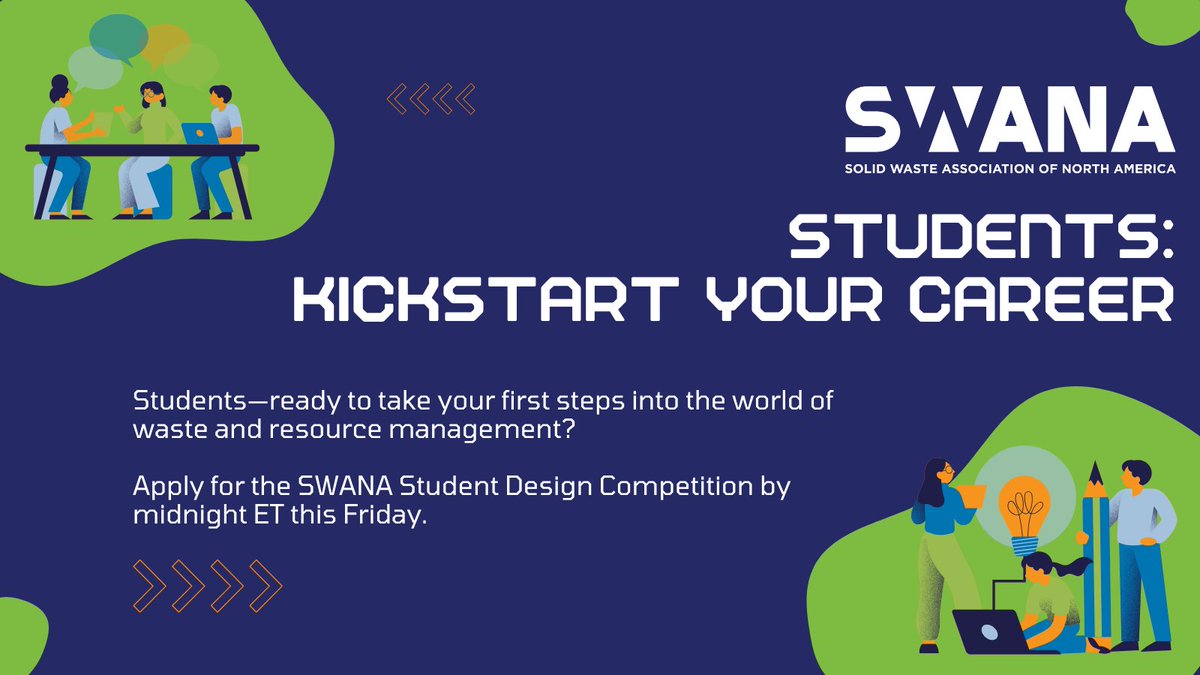 SWANA's tweet photo. 🚨 The deadline to confirm your team for the 2026 #StudentDesignCompetition is midnight ET this Friday! 👉 https://t.co/nN4Hek54z1

Compete on a natl stage, showcase your knowledge alongside motivated peers &amp; get noticed by leading pros in waste &amp; #resourcemanagement. 🏆 https://t.co/IgdoUhAF2a