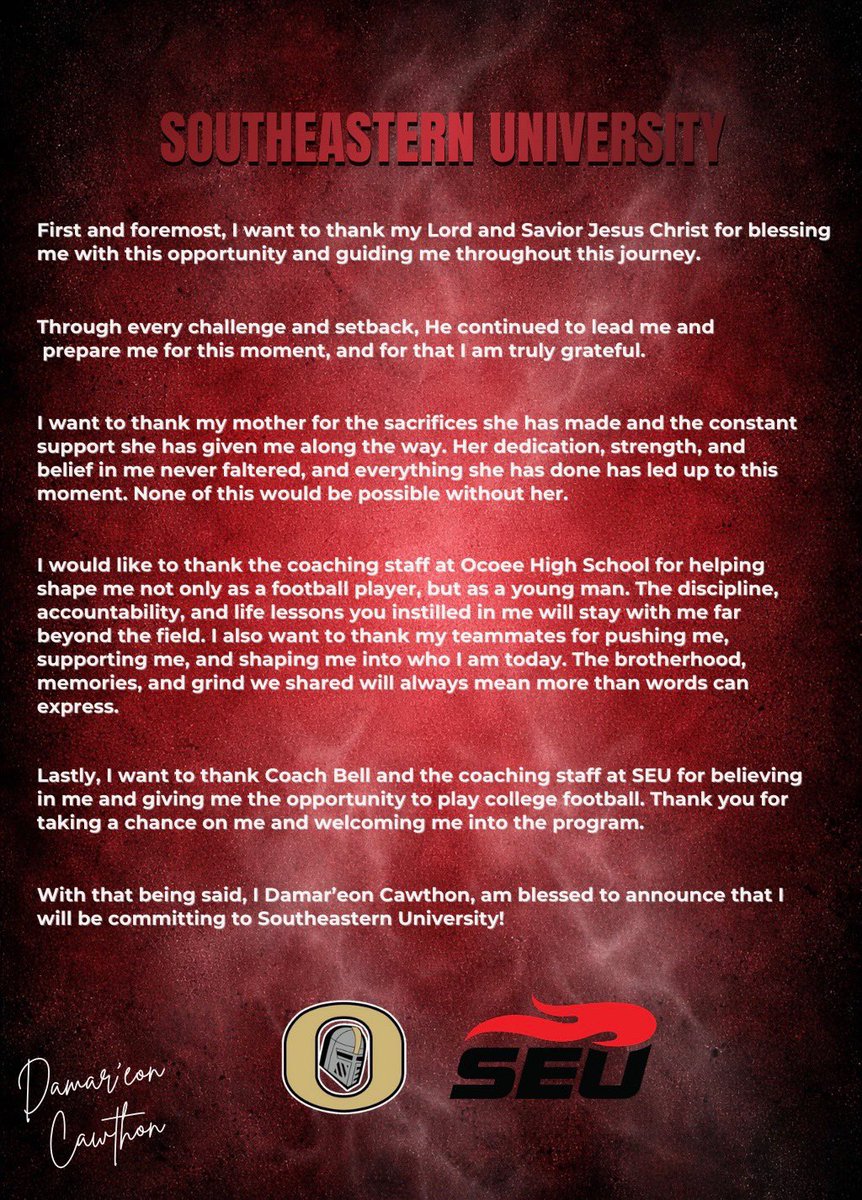 Blessed and grateful for this journey. Lord, I thank you, my mom, and everyone who supported me. Proud to say I will be committing to Southeastern University. 💪🏾🙏🏾 <a href="/CoachBuckGurley/">Coach Buck</a> <a href="/RecruitOcoeeFB/">Ocoee HS Football Recruits Page</a> <a href="/CoachAlexBell/">Alex Bell</a> <a href="/SEUFireFootball/">Southeastern Football</a> <a href="/CoachRussSEU/">Jake Russell</a> #Committed #SEU