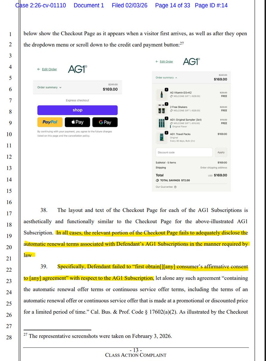 RobertFreundLaw's tweet photo. Ecommerce subscription class actions have been popular for many years and are not slowing down.

AG1 was sued yesterday for allegedly failing to comply with California's Auto-Renewal Law. https://t.co/EUnHzUTm19
